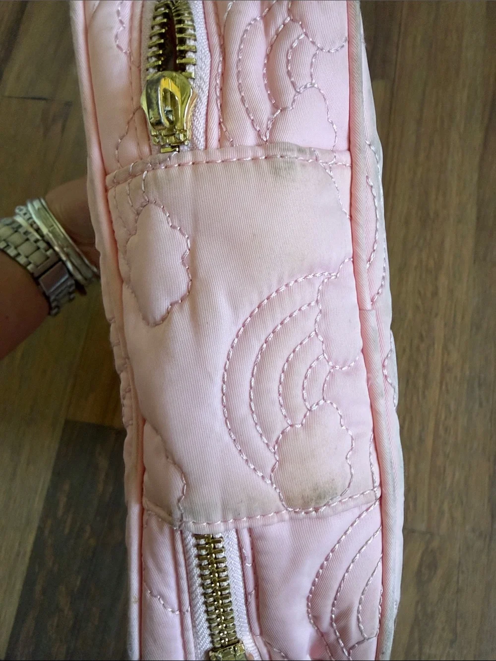 Stoney Clover Lane Pink Quilted Lunch Bag with Pastel Rainbow & Bunny